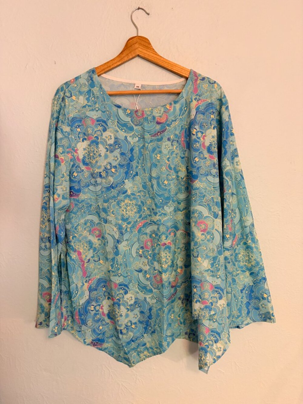 Blue Paisley Mandala Tunic XXL Long Sleeve Lightweight Boho Blouse Resortwear - Picture 9 of 10